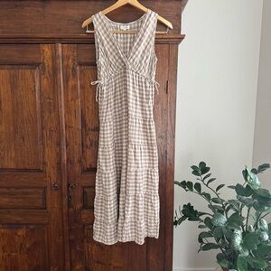 Max Studio V Neck Checkered Paid Tiered Midi Dress Side Ties Coastal Boho